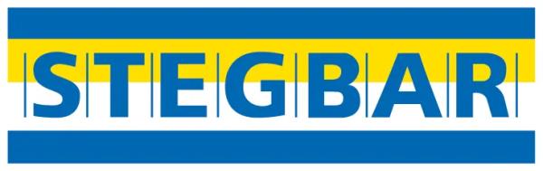 Stegbar logo featuring blue text on yellow background with blue horizontal borders